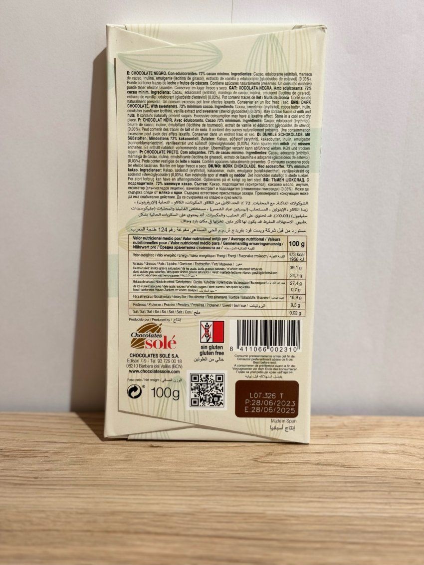 Tableta de chocolate 72% sin azúcares añadidos