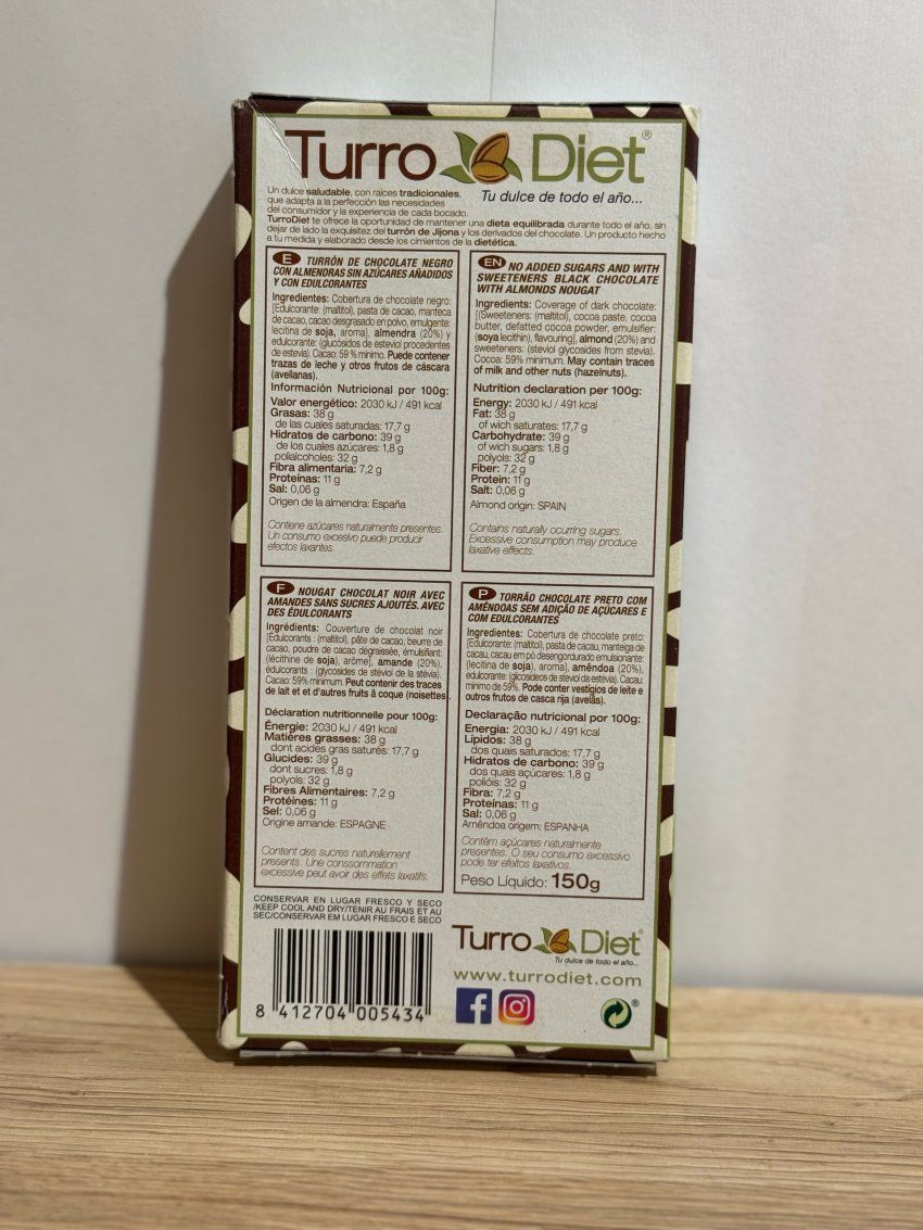 Turrón de chocolate negro con almendras sin azúcares añadidos
